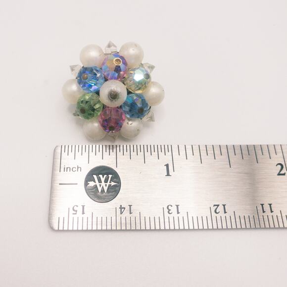 Vintage Round Cluster Earrings Faux Pearl Faceted Beads Pink Blue Fruit Salad - Picture 6 of 6
